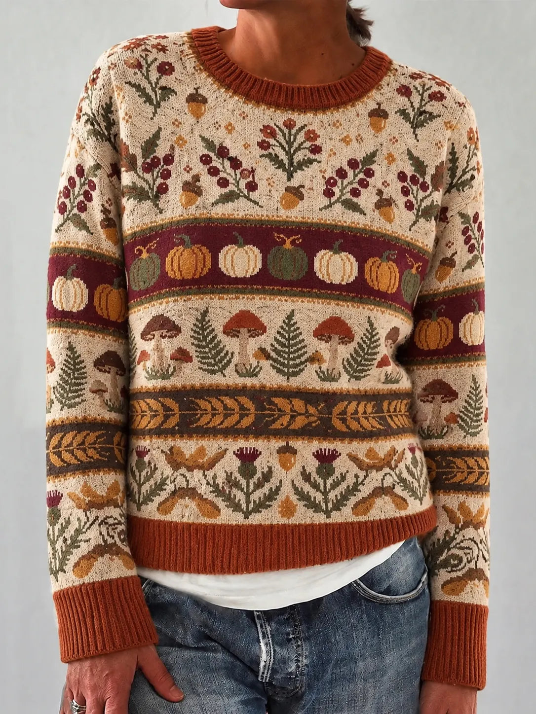 Women's Autumn Fall Forest Pumpkin Pattern Design Leisure Cozy Knit Sweater