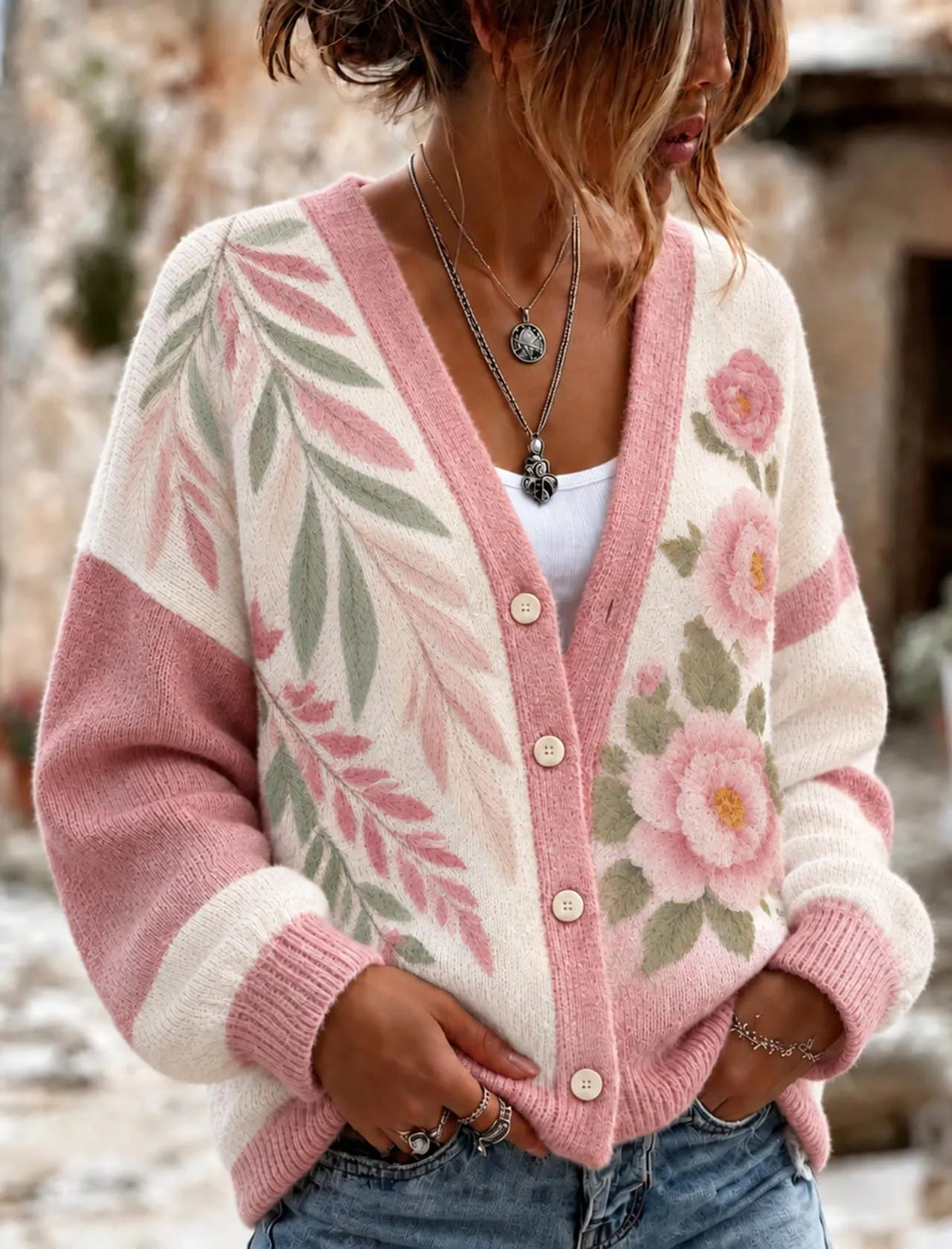 Women's Retro Floral Pattern Art Casual Knit Cardigan