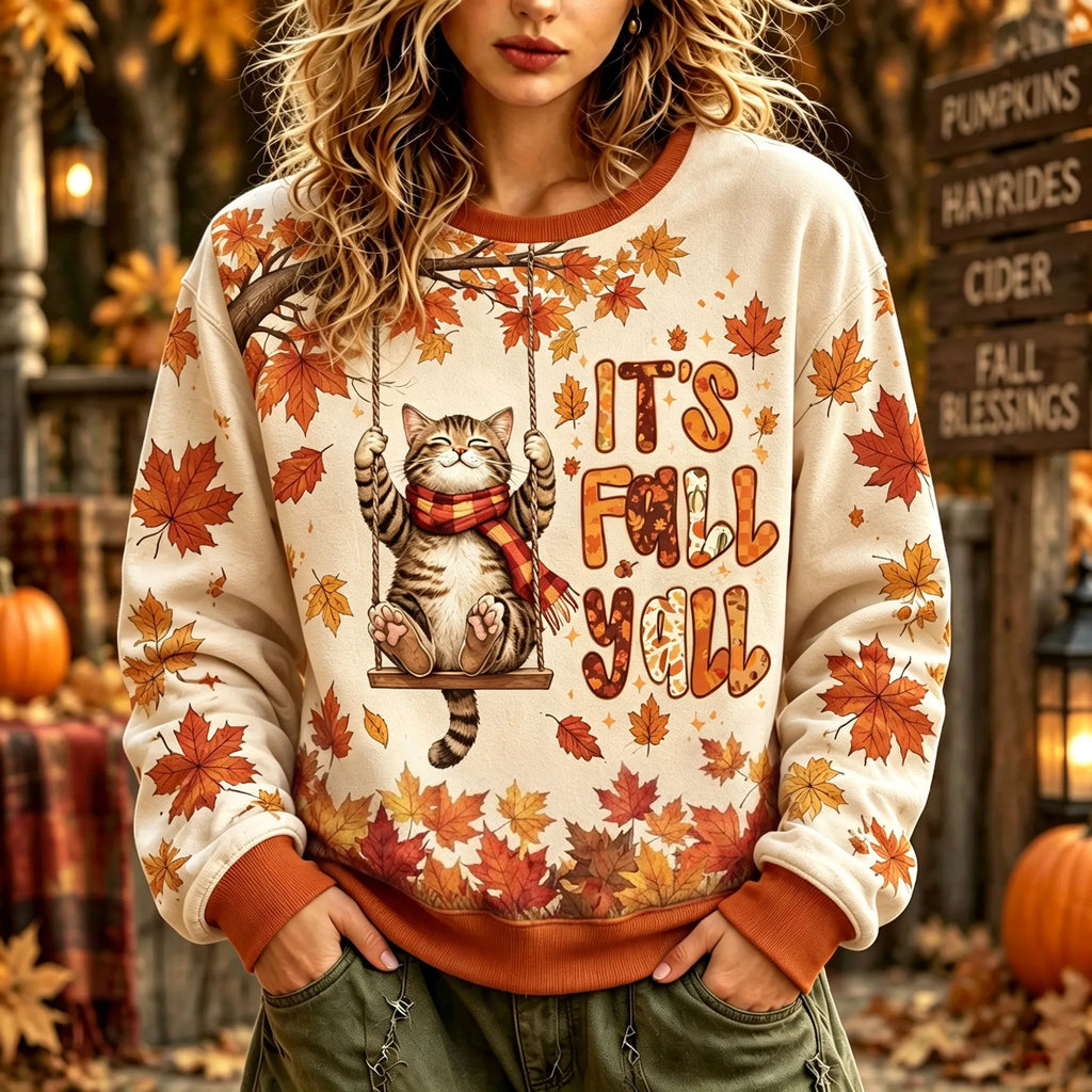 Women's Cat And Maple Leaf Print Sweatshirt