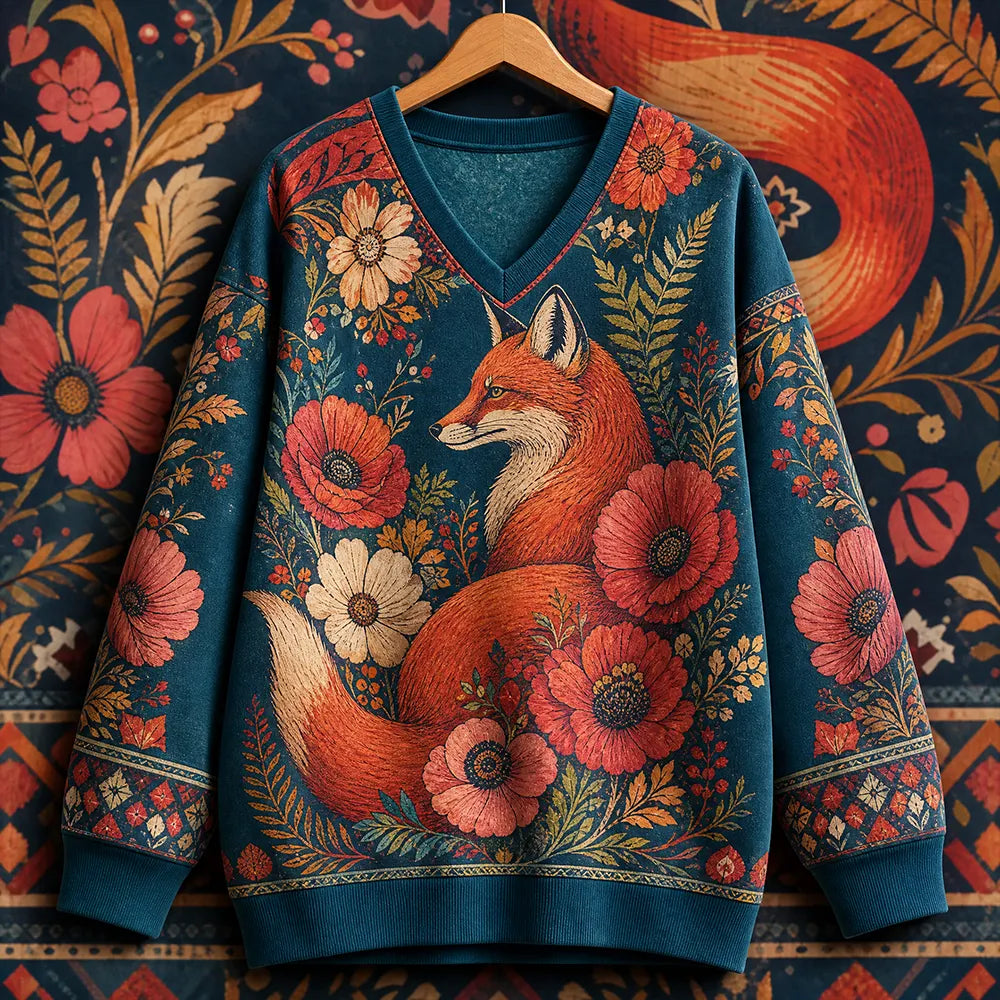 Women's Fox Floral Print Long-sleeve Sweatshirt