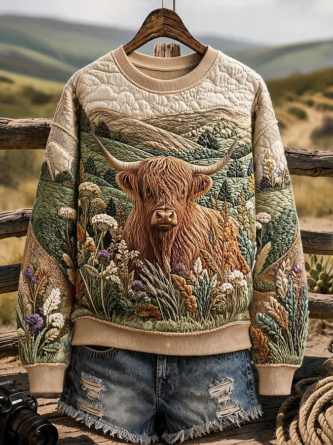 Women's Retro Country Highland Cow Art Print Sweatshirt