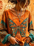 Women's Bohemian-style Geometric Butterfly Print Long-sleeved Top, Trimmed With Tribal Print Piping