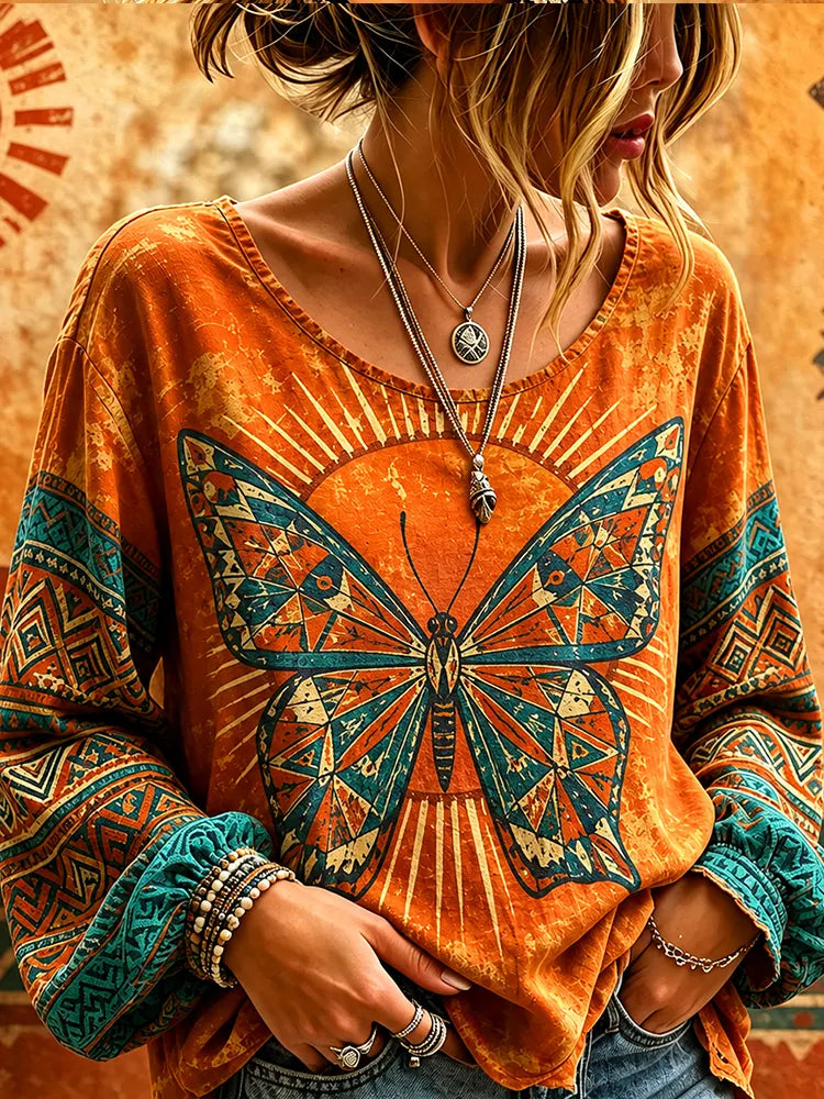 Women's Bohemian-style Geometric Butterfly Print Long-sleeved Top, Trimmed With Tribal Print Piping