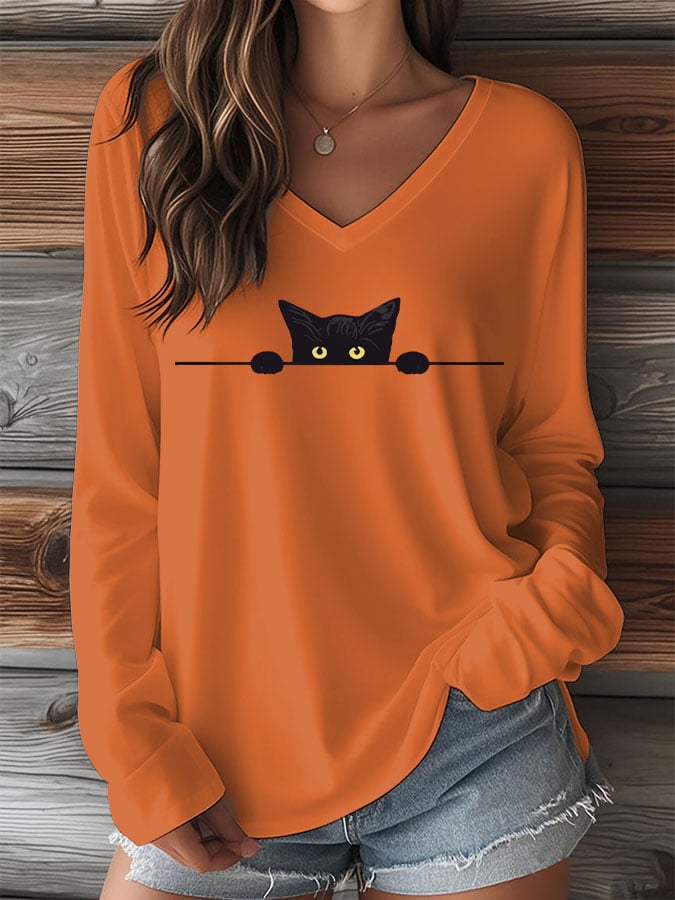 Women's Cat Print V-Neck Long Sleeve T-Shirt