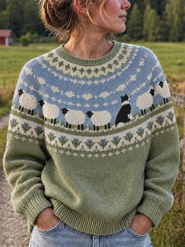 Women's Retro Farm Border Collie With Sheep Patterns Cozy Fair Isle Style Knit Sweater