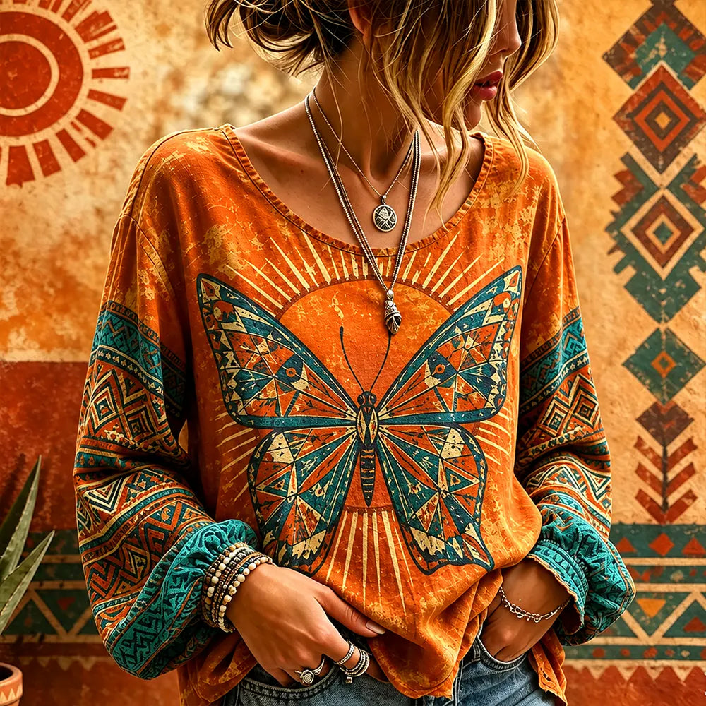 Women's Bohemian-style Geometric Butterfly Print Long-sleeved Top, Trimmed With Tribal Print Piping