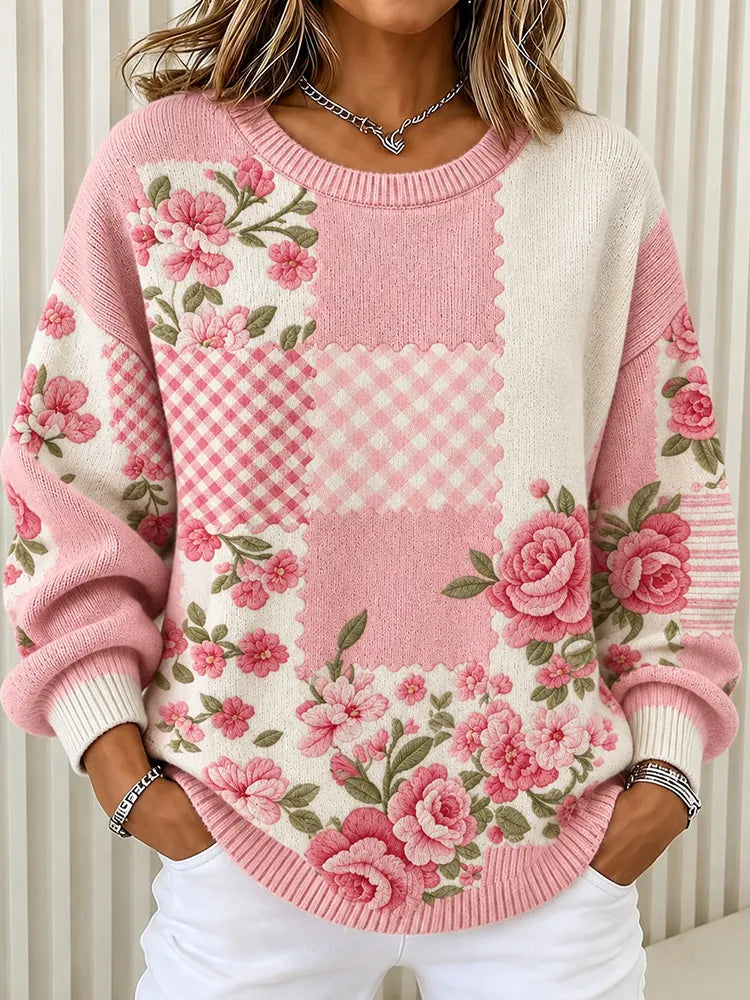 Women's Retro Floral With Plaid Pattern Art Casual Knit Sweater