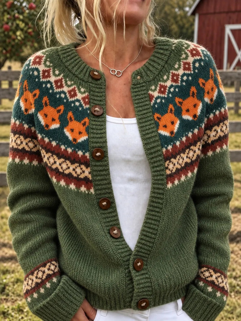 Women's Vintage Fox Pattern Cozy Knit Cardigan