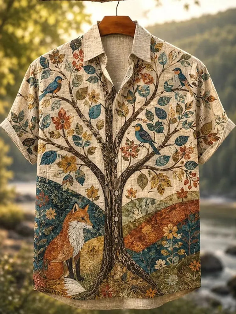 Men's Retro Bohemia Fox In Fall Forest Graphic Print Short Sleeve Shirt