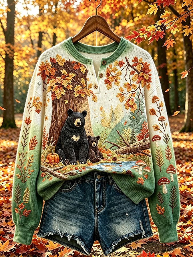 Women's Casual Print Button-Up Collar Knit Top