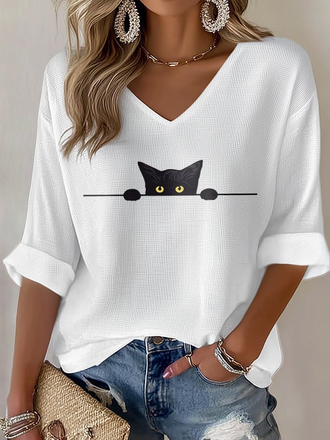 🐾Buy 3 Save 10%🐱Women's Cat Print Waffle T-shirt💛100% For Shelter Pets🐱🐶