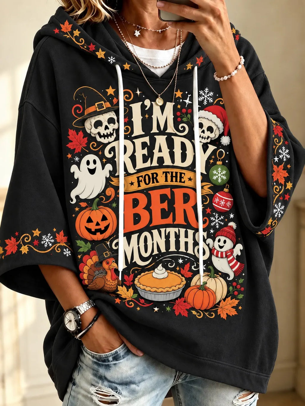 Women's Vintage I'm Ready For The 'ber Months Print Half Sleeve Casual Hoodie