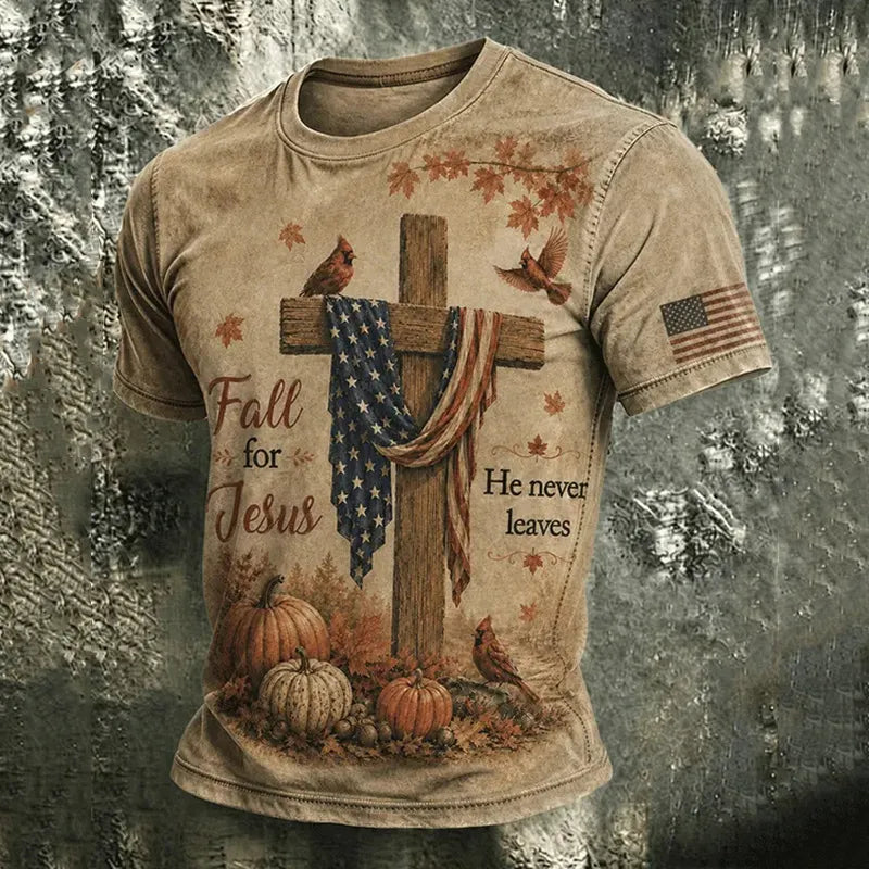 Men's Vintage Autumn Faith Cross-print T-shirt
