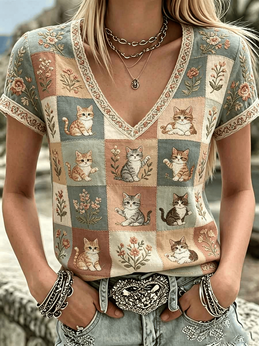 Women's Retro Cats And Flowers Printed V-Neck Top
