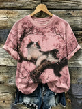Women's Bohemian Japanese Cherry Blossom And Cat Print T-shirt