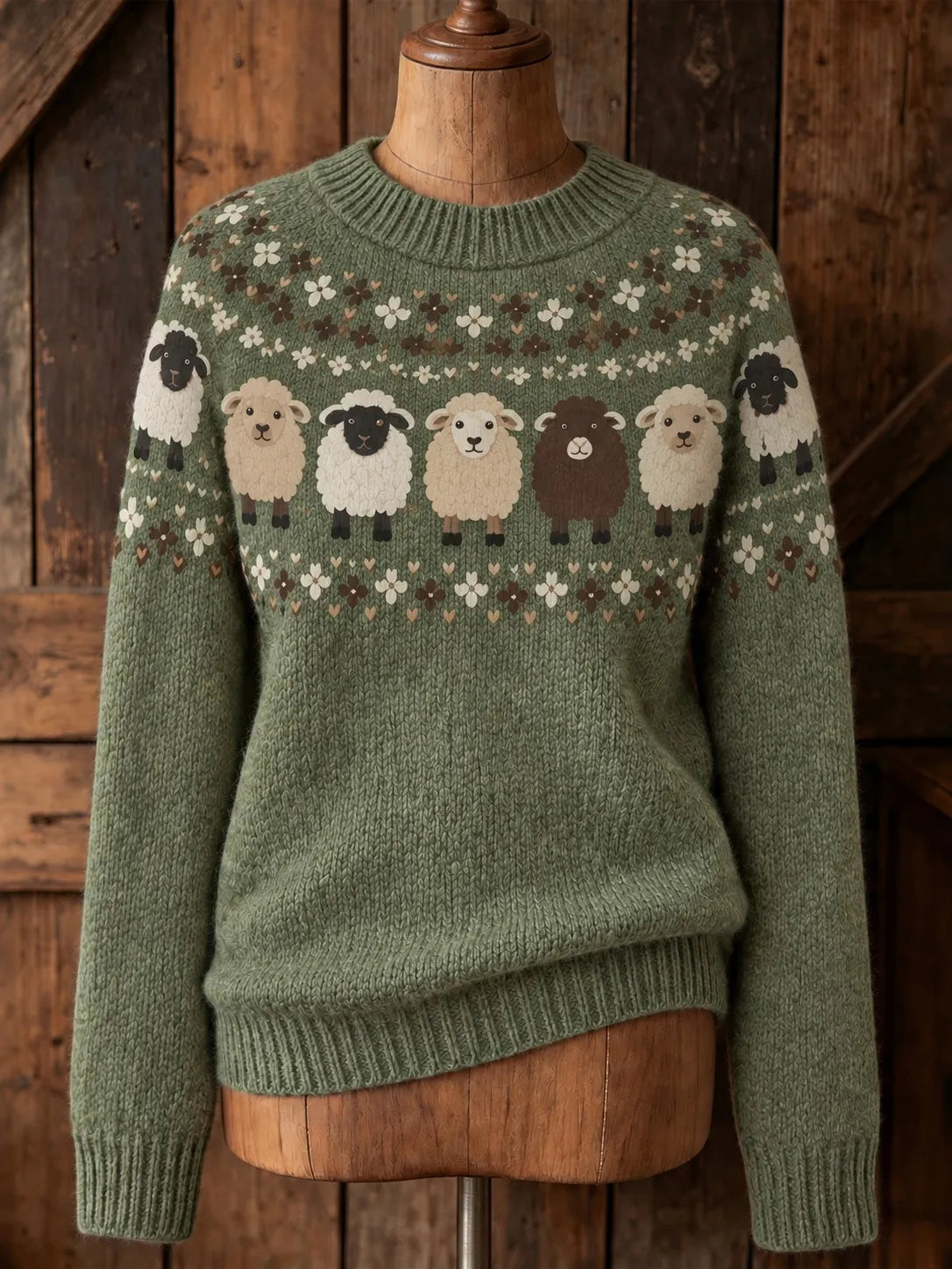 Women's Retro Farm Sheep Patterns Cozy Fair Isle Style Knit Sweater