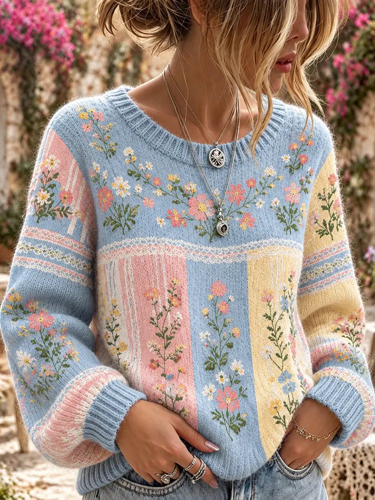Women's Pink Floral Color-block Patchwork Art Warm Crewneck Sweater