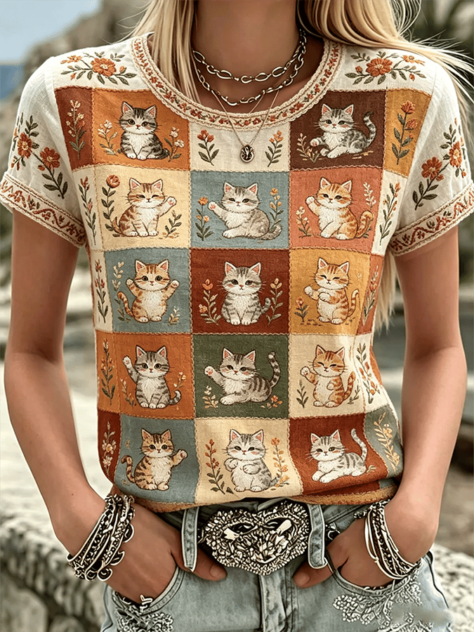 🐾 Buy 3 Save 10%🐱Women's Floral Cats Print Casual Tee💛100% For Shelter Pets🐱🐶