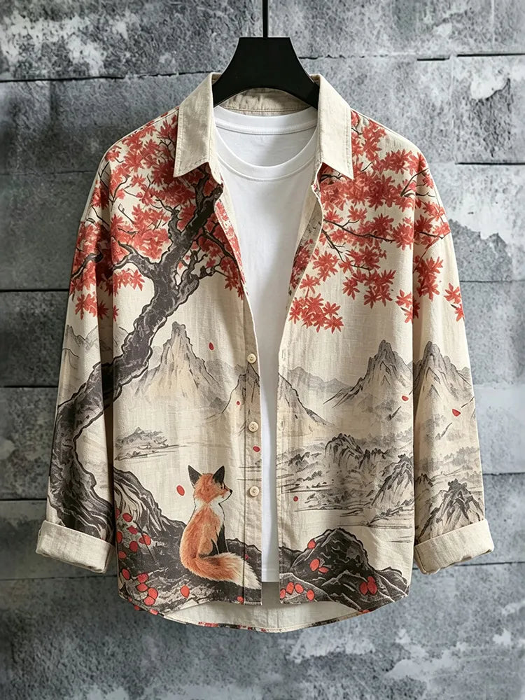 Men's Retro Fox In Fall Landscape Ink Painting Print Long Sleeves Shirt