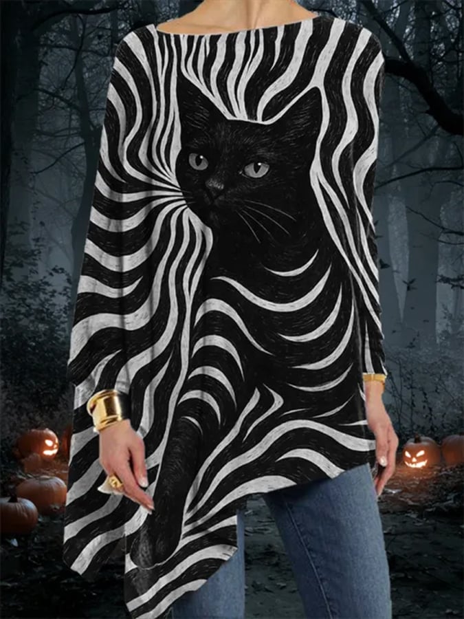 Women's Halloween Black Cat Print Top