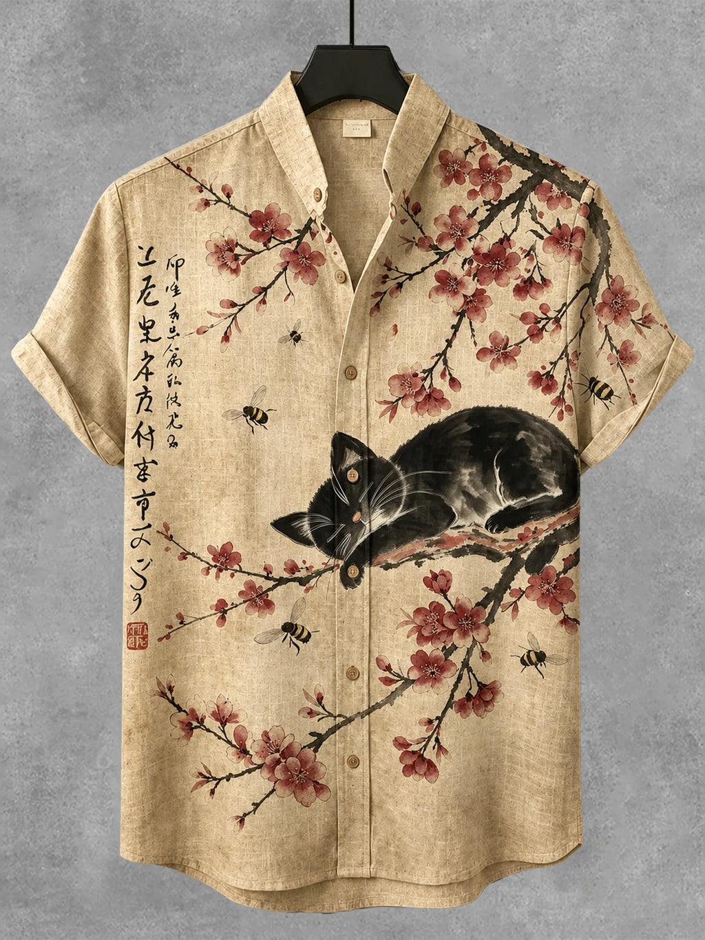 Men's Vintage Lazy Cat Sleeps In Cherry Blossom Pattern Linen Blend Casual Shirt