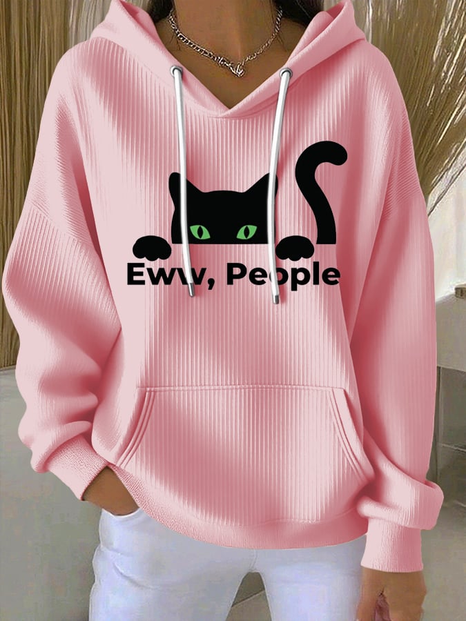 Women's Ew People Cat Print Casual Hoodie