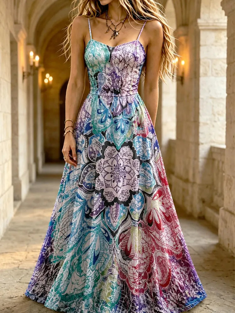 Women's Bohemian Ethnic Floral Pattern Strappy Dress