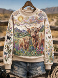 Women's Retro Country Highland Cow Art Print Sweatshirt