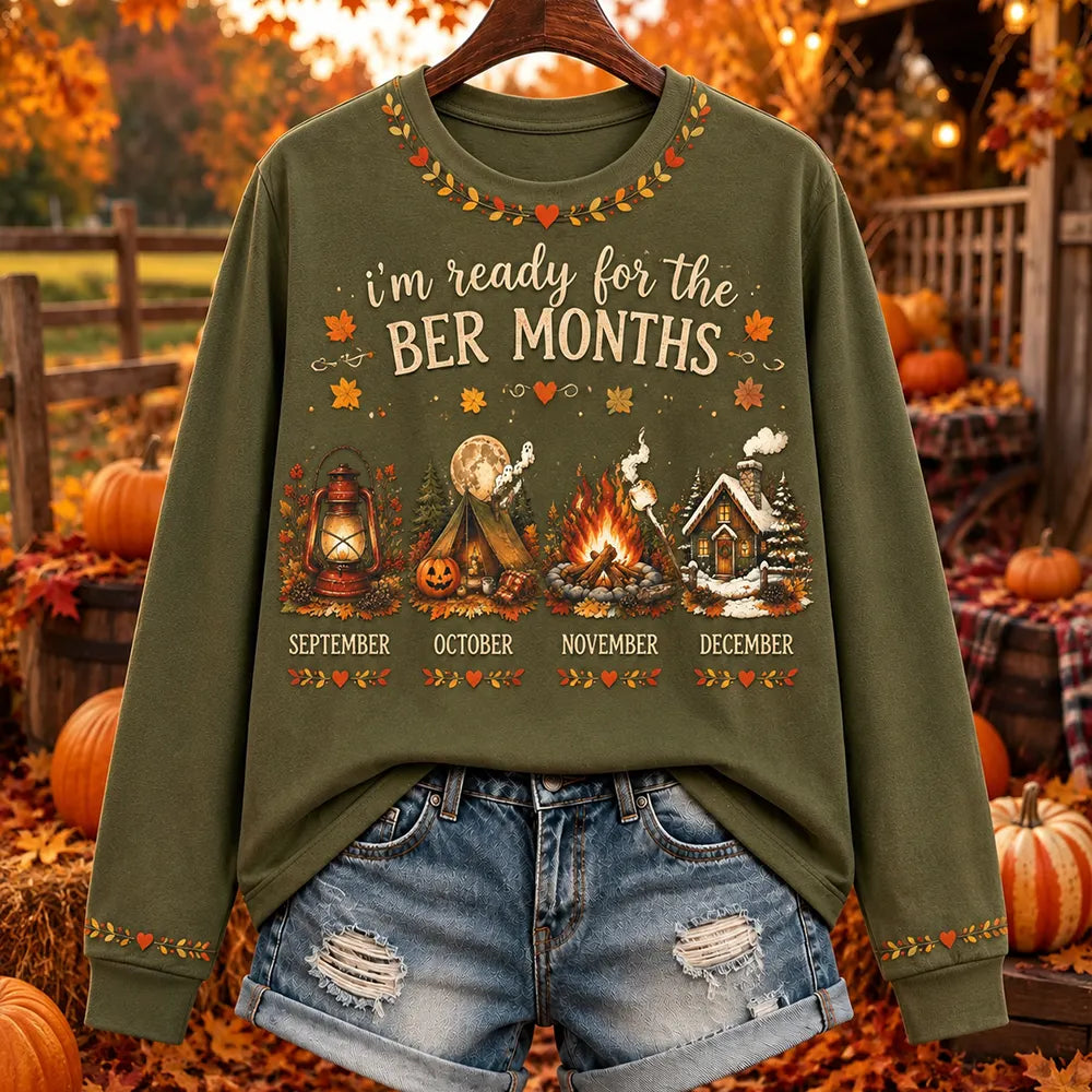 Women's Autumn "ber Months" Green Sweatshirt With Lantern, Camping, Campfire & Snowy Cabin Pattern