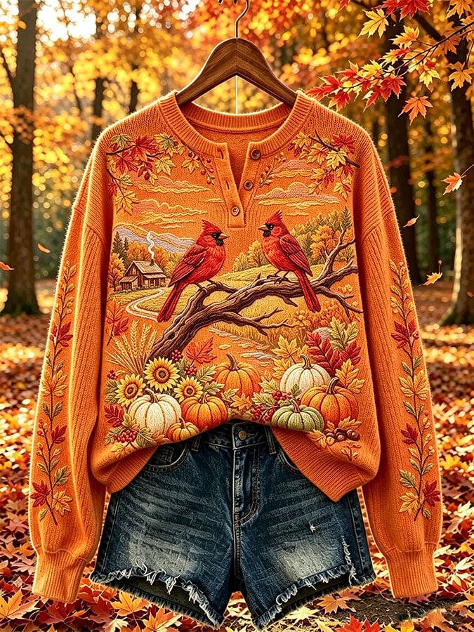 Women's Casual Print Button-Up Collar Knit Top
