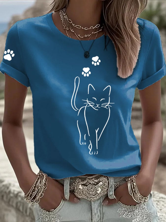 Women'S Cute Cat print Casual T-Shirt