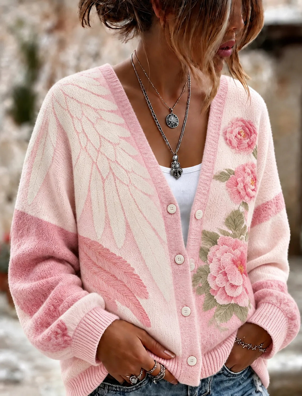 Women's Retro Floral And Angle Wings Pattern Art Casual Knit Cardigan