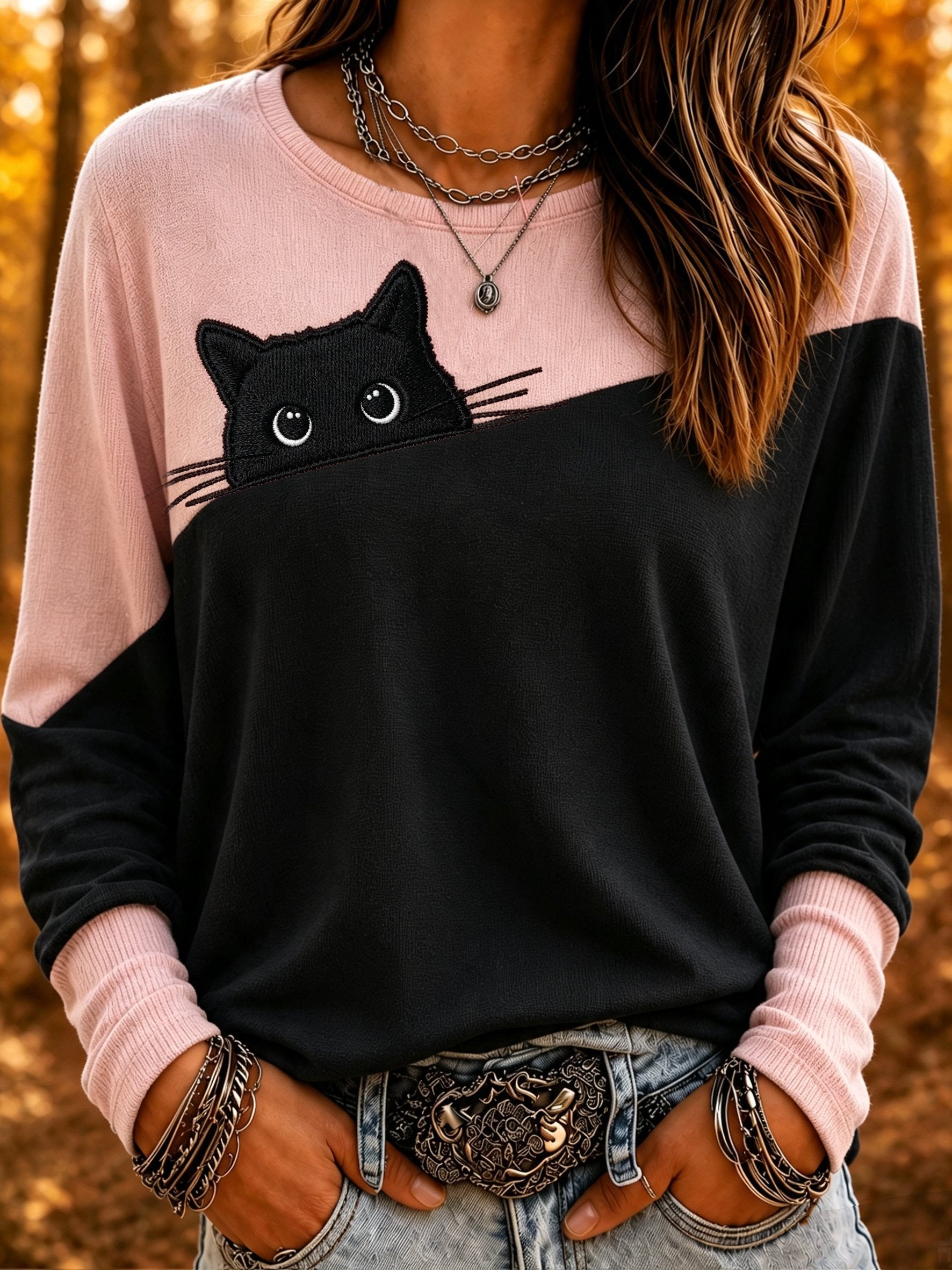 Women's Mysterious Black Cat Print Crew Neck Top