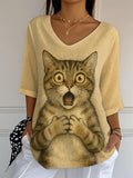🐾Buy 3 Save 10%🐱Women's Cute Animal Scared Cat Pattern Print Mid Sleeve Casual T-Shirt💛100% For Shelter Pets🐱🐶