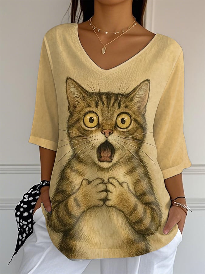 🐾Buy 3 Save 10%🐱Women's Cute Animal Scared Cat Pattern Print Mid Sleeve Casual T-Shirt💛100% For Shelter Pets🐱🐶