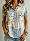 Women's Casual Cat Floral Print Shirt