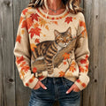 Women's Cute Cat And Maple Leaf Jacquard Knit Sweater
