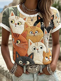 Women's Geometric Group Cat Printed Vintage Fashion Loose Short Sleeve T-Shirt