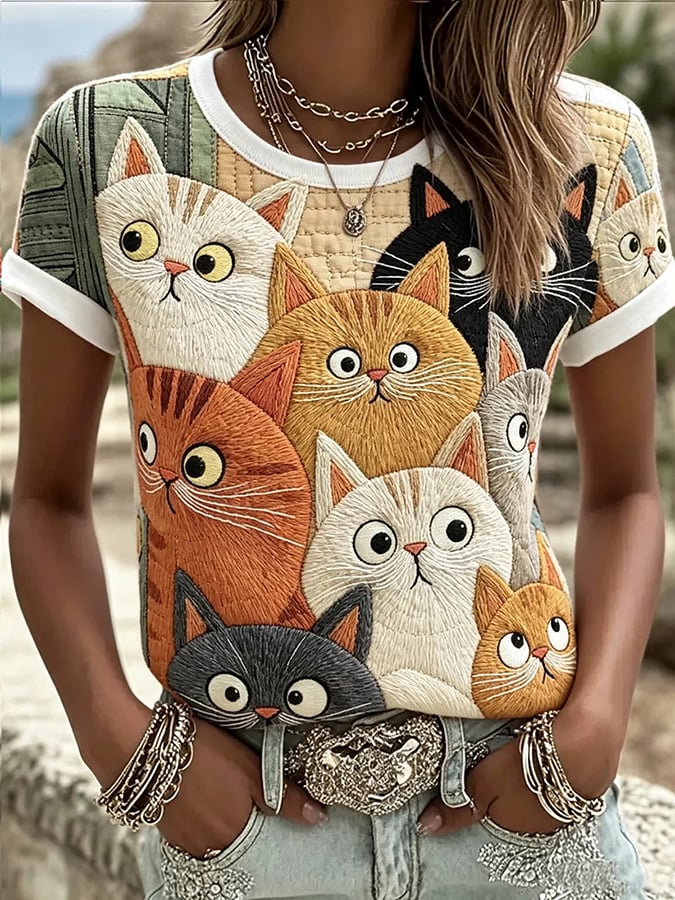 Women's Geometric Group Cat Printed Vintage Fashion Loose Short Sleeve T-Shirt