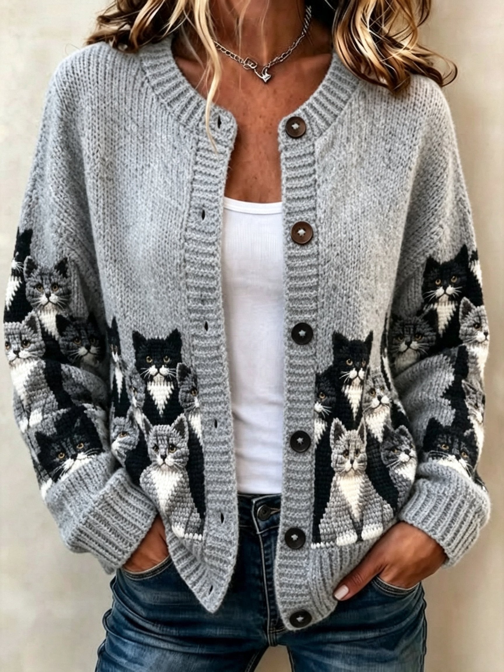 Women's Retro Cat Print Sweater Jacket
