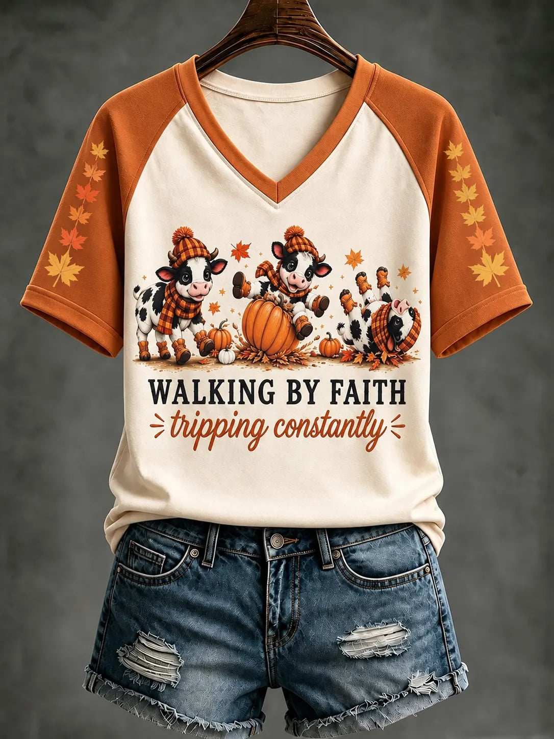 Women's Walking By Faith Tripping Constantly Autumn Pumpkin V-neck T-shirt