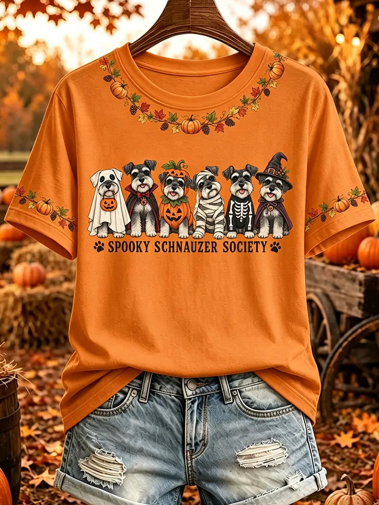 Women's Cute Dogs In Fall Print Crew Neck Short Sleeve T-shirt