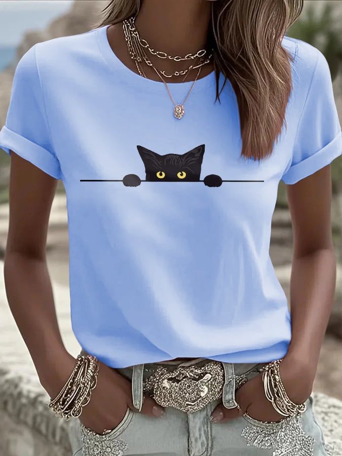 🐾Buy 3 Save 10%🐱Women's Cat Printed Round Neck T-Shirt💛100% For Shelter Pets🐱🐶