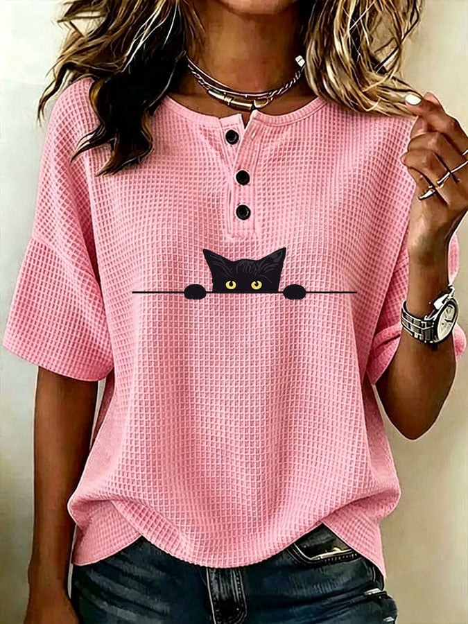 Women's Casual Waffle Print Loose Top
