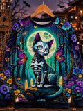 Retro Halloween Skull Black Cat Crew Neck Sweatshirt