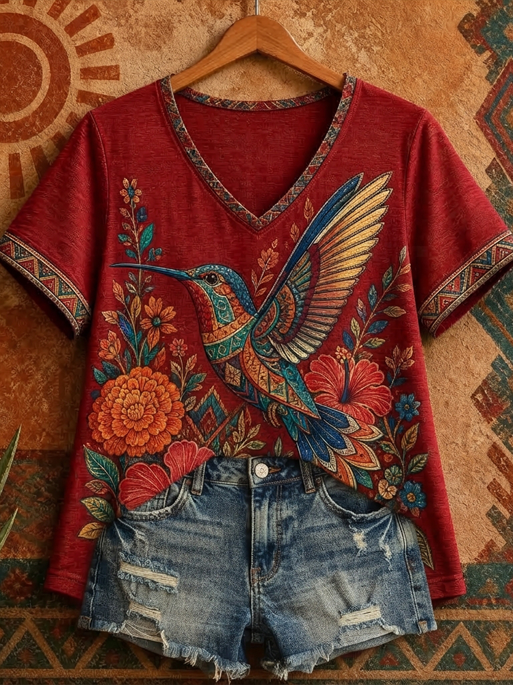 Women's Hummingbird Floral V-neck Short-sleeve T-shirt