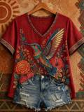 Women's Hummingbird Floral V-neck Short-sleeve T-shirt