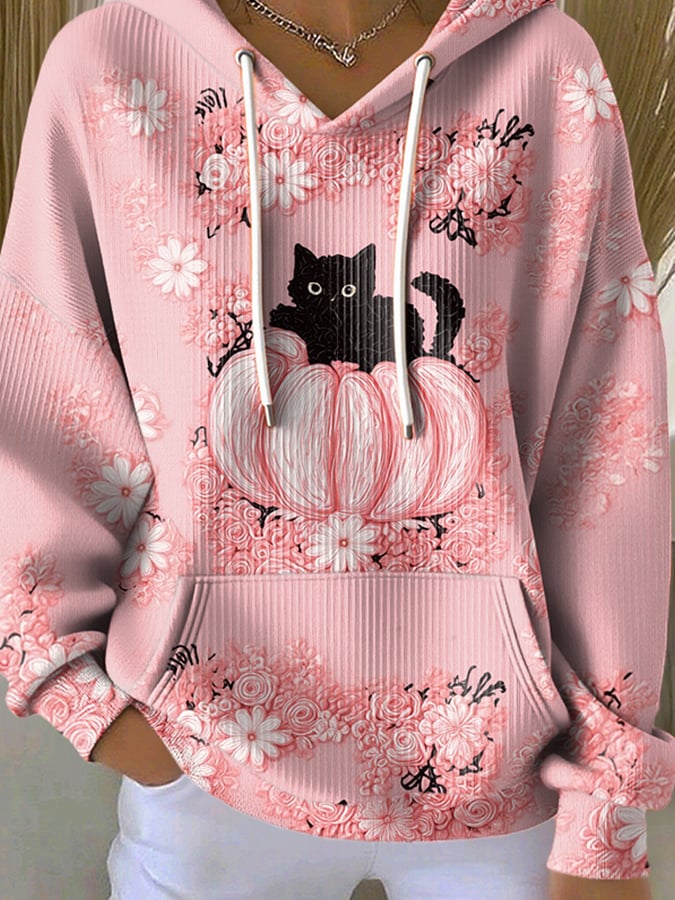 Women's Casual Cat Pumpkin Floral Print Long Sleeve Hooded Sweatshirt
