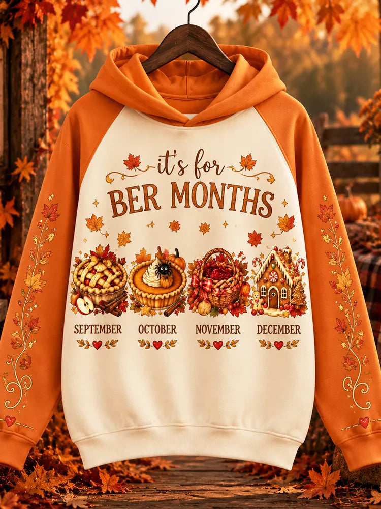 Women's Autumn "ber Months" Color-block Hoodie With Pie, Pumpkin, Basket & Gingerbread House Pattern