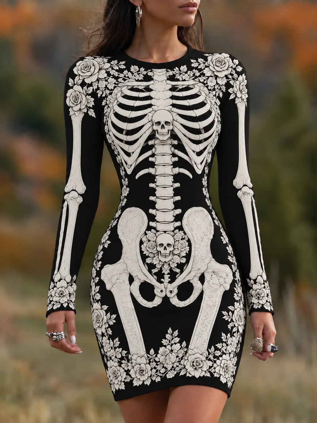 Women's Vintage Halloween Fall Skeleton With Skull Art Comfy Mini Bodycon Dress